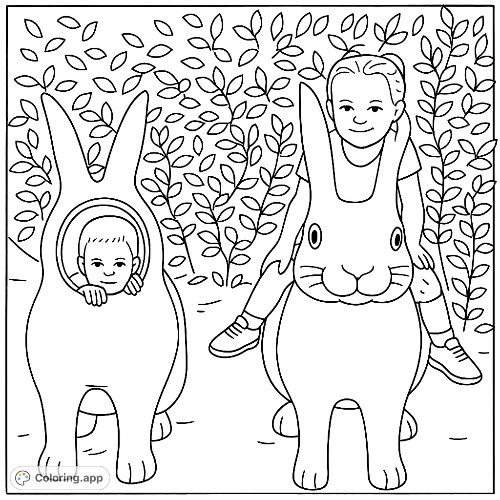 Join these two happy children as they play with giant bunny sculptures! A charming scene for all ages, perfect for sparking imagination and creative coloring fun.