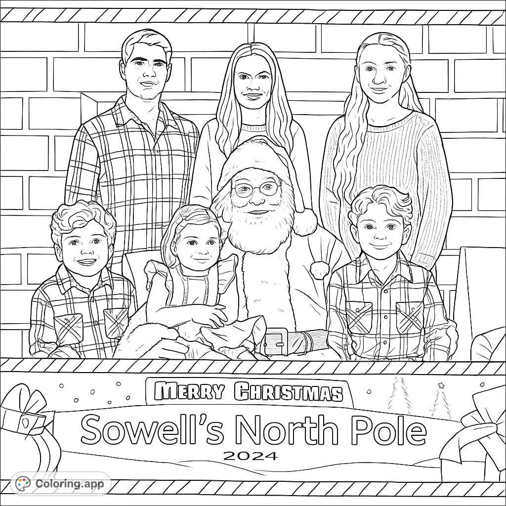 A heartwarming family holiday scene featuring Santa Claus and a joyful family group. Celebrate the festive season with this delightful coloring page.