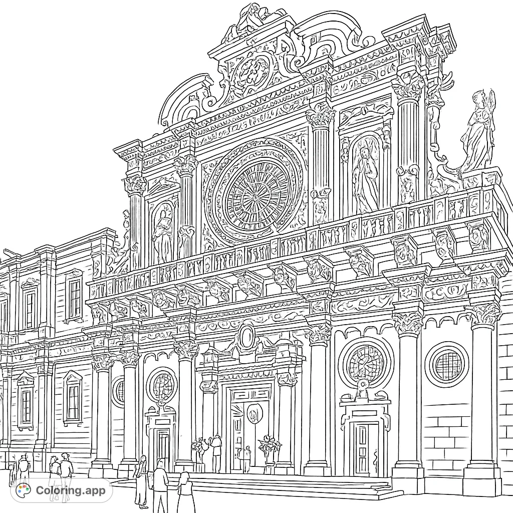 Discover a magnificent Baroque church facade with incredible architectural details. Perfect for adult colorists seeking intricate designs.
