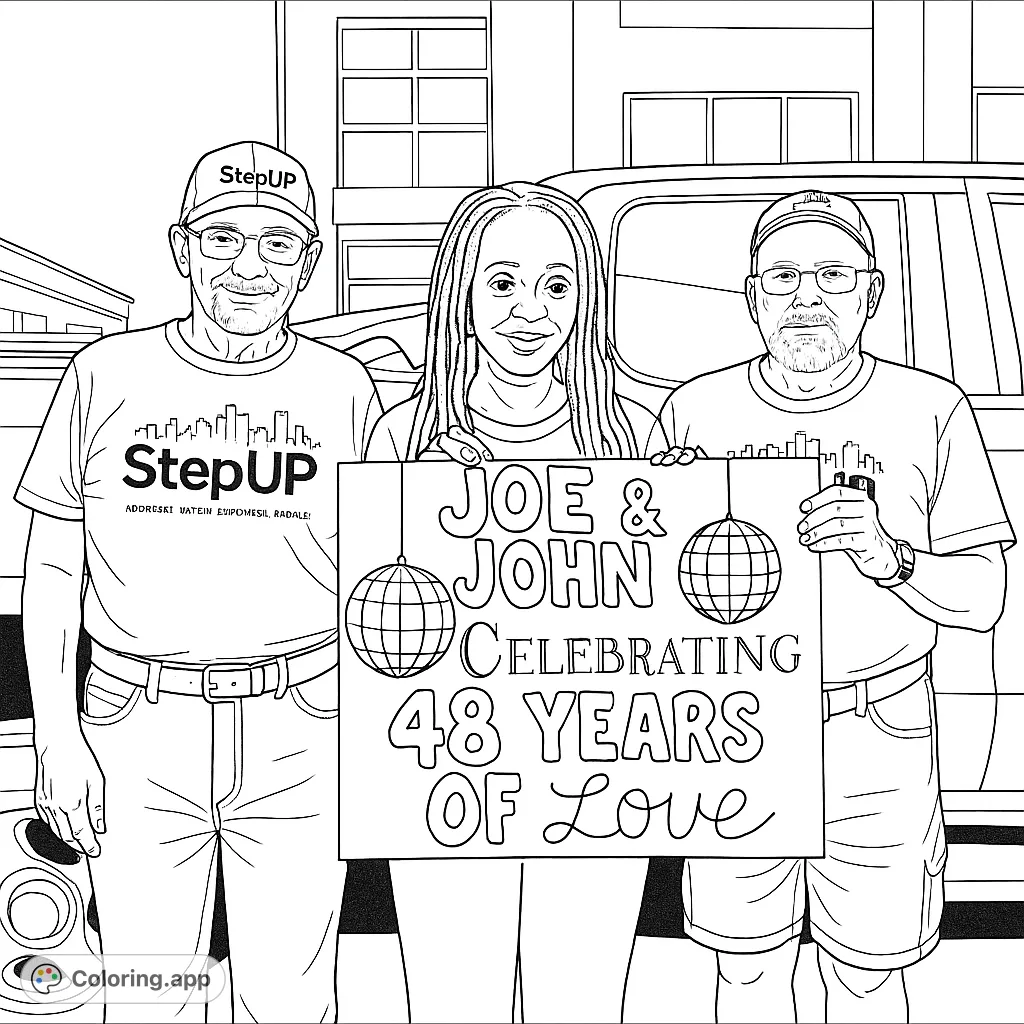 A heartwarming scene of three people holding a celebratory sign with disco balls and a message of enduring love. Perfect for personalizing.