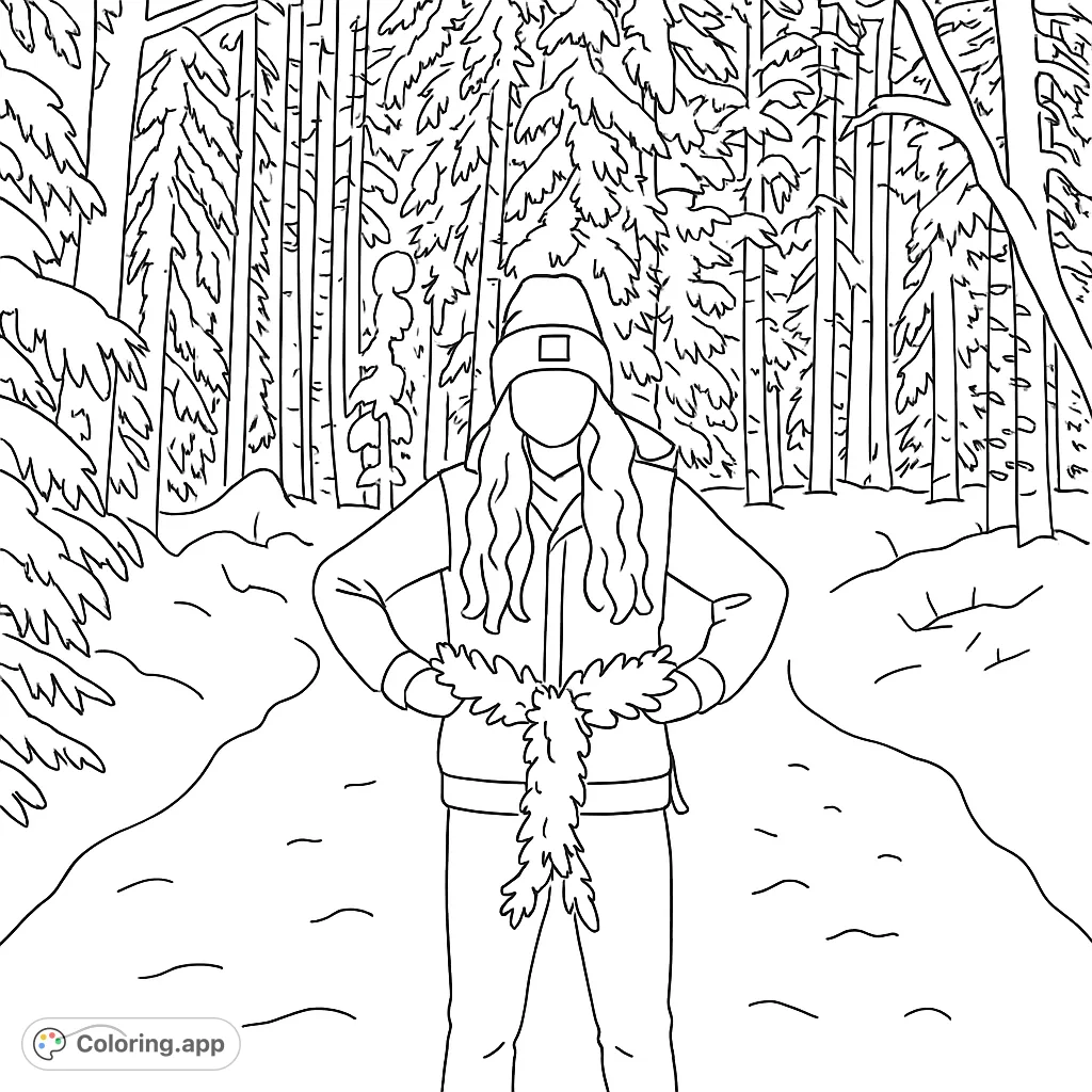 Color a person adorned with a festive bow in a tranquil, snow-covered forest. Ideal for winter and holiday enthusiasts seeking a detailed challenge.