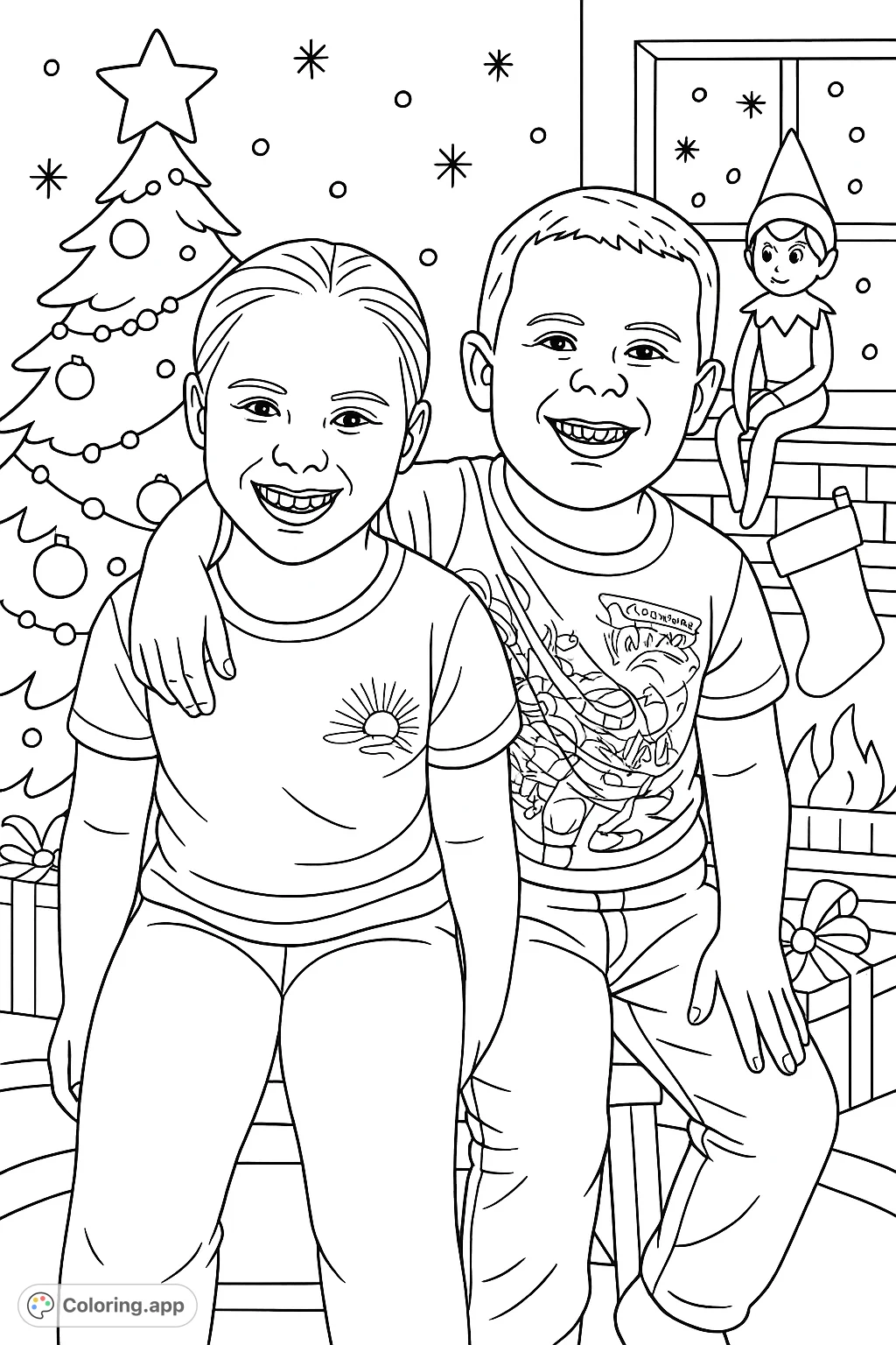 A heartwarming Christmas background with an elf on the shelf coloring page, featuring two happy children smiling, perfect for a free printable coloring page and festive fun for kids.