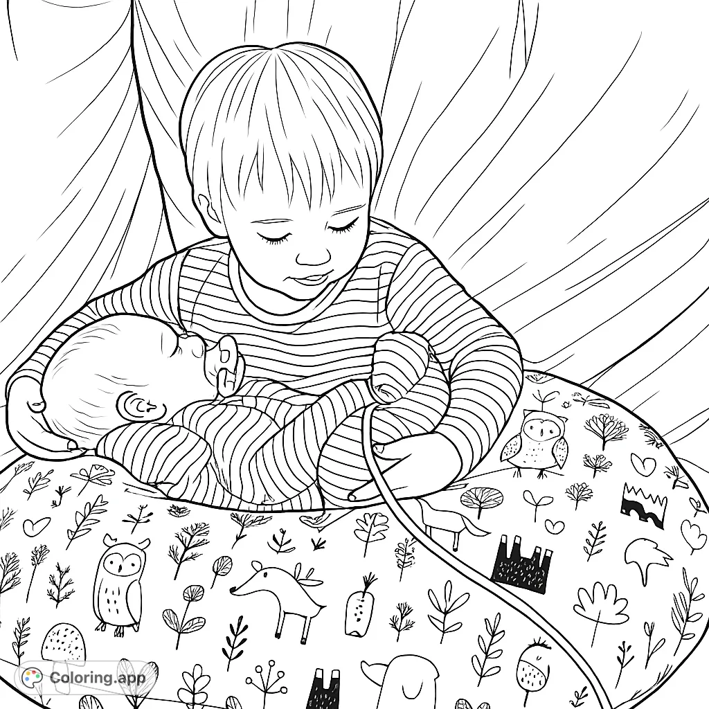 A heartwarming coloring page featuring a toddler gently holding a newborn, with detailed striped outfits and a patterned support pillow. Perfect for all ages!