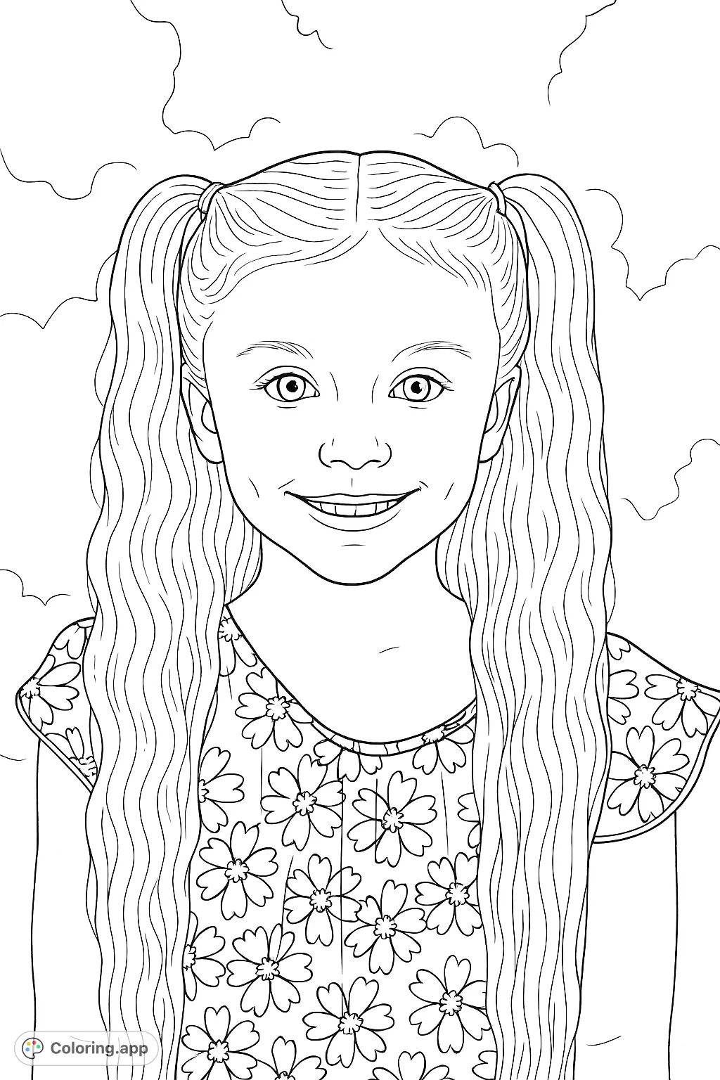A cheerful young girl with wavy pigtails and a floral top smiles brightly, ready for your creative touch. Perfect for a delightful and engaging coloring experience.