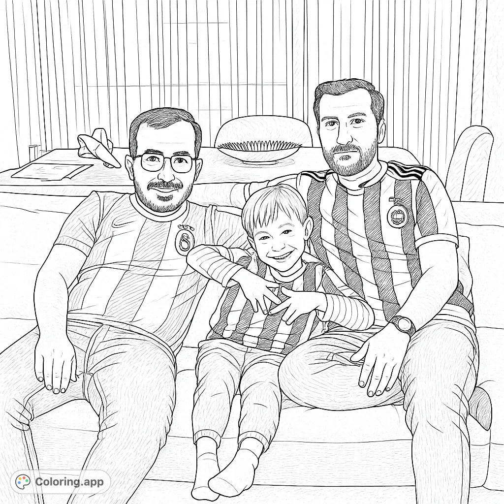 A heartwarming scene of two men and a boy smiling on a sofa, ready for creative expression. This family coloring page offers joy for all ages.