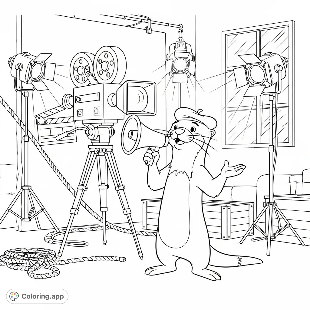 Join Mr. Otter as he directs a lively movie set, complete with cameras, lights, and props. A fun, free printable animal coloring page for aspiring filmmakers!