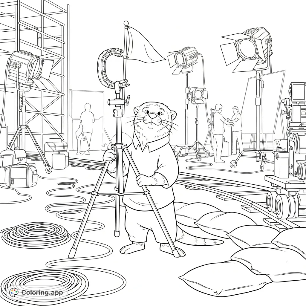Mr. Otter, the diligent key grip, works on an exciting action movie set, surrounded by film equipment. A fun, free printable coloring page for creative minds.
