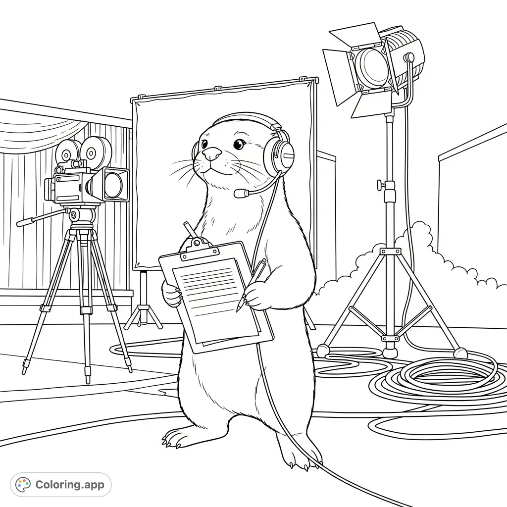 Mr Otter, the diligent Assistant Director, navigates a film set with his headset and clipboard, ready for action. A unique film set coloring page.