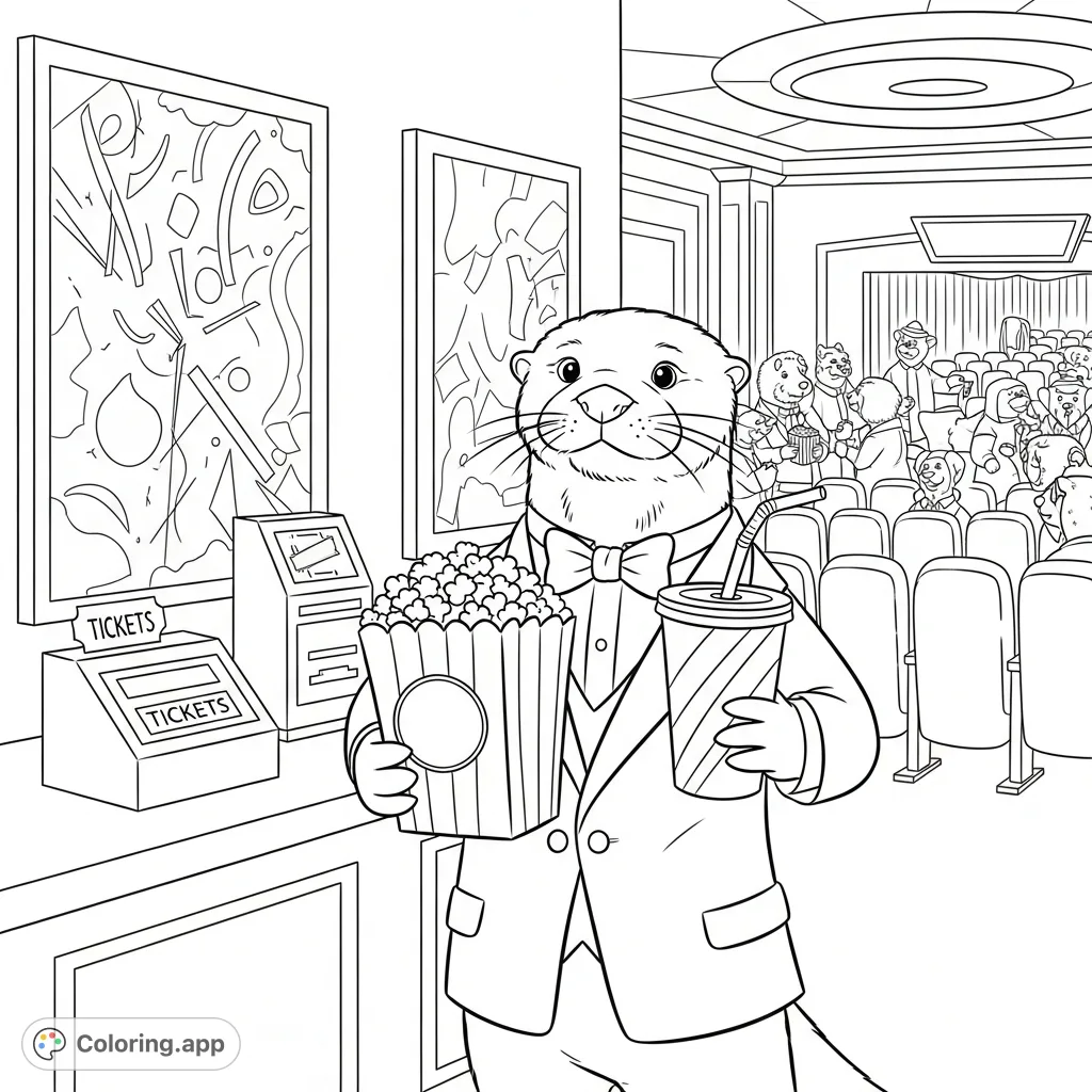 Join Mr. Otter at the movies! This fun coloring page features Mr. Otter with popcorn and soda at a bustling cinema, ready for a film.