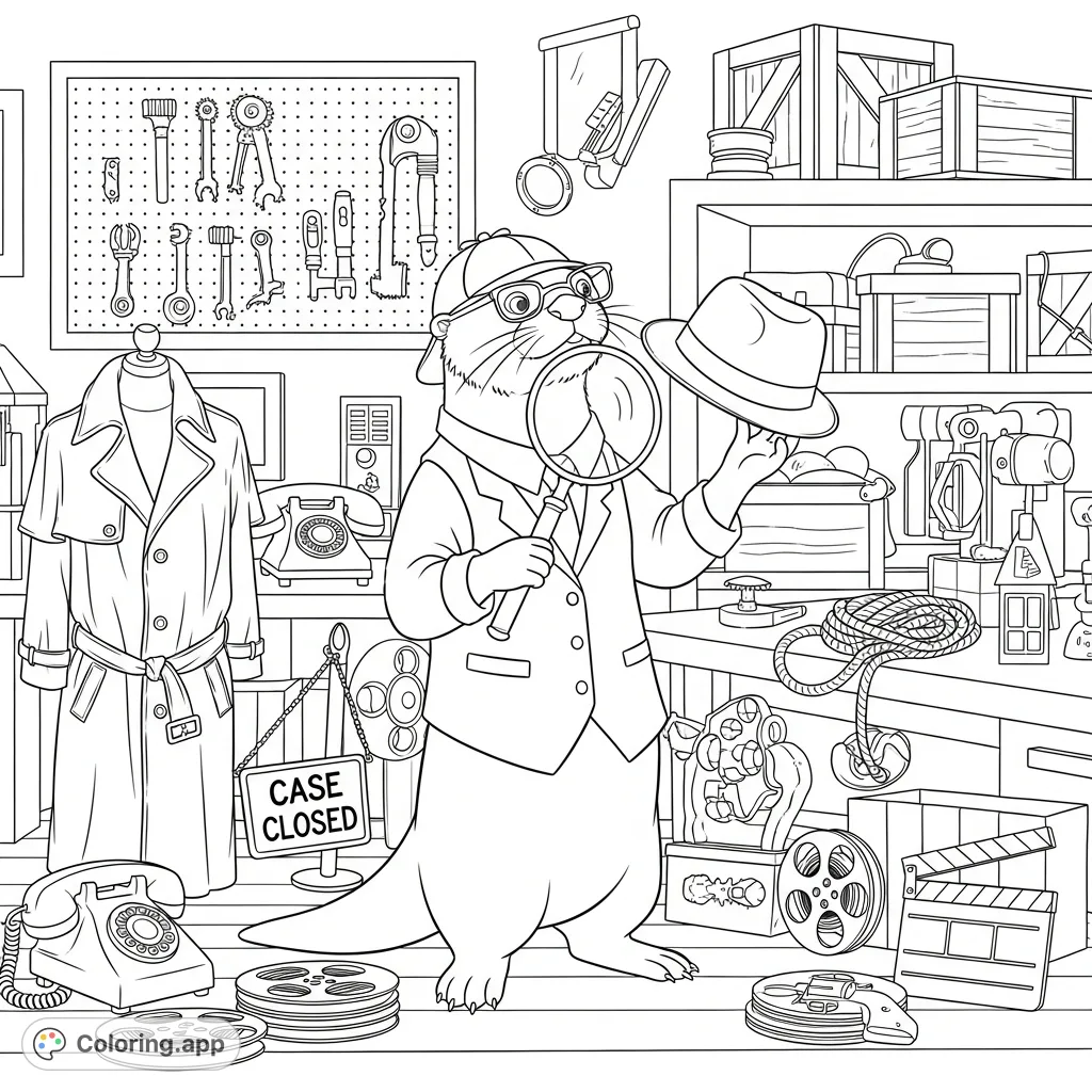 Join Mr. Otter, the meticulous props master, in his cluttered workshop filled with essential detective movie props. A fun, detailed coloring adventure.