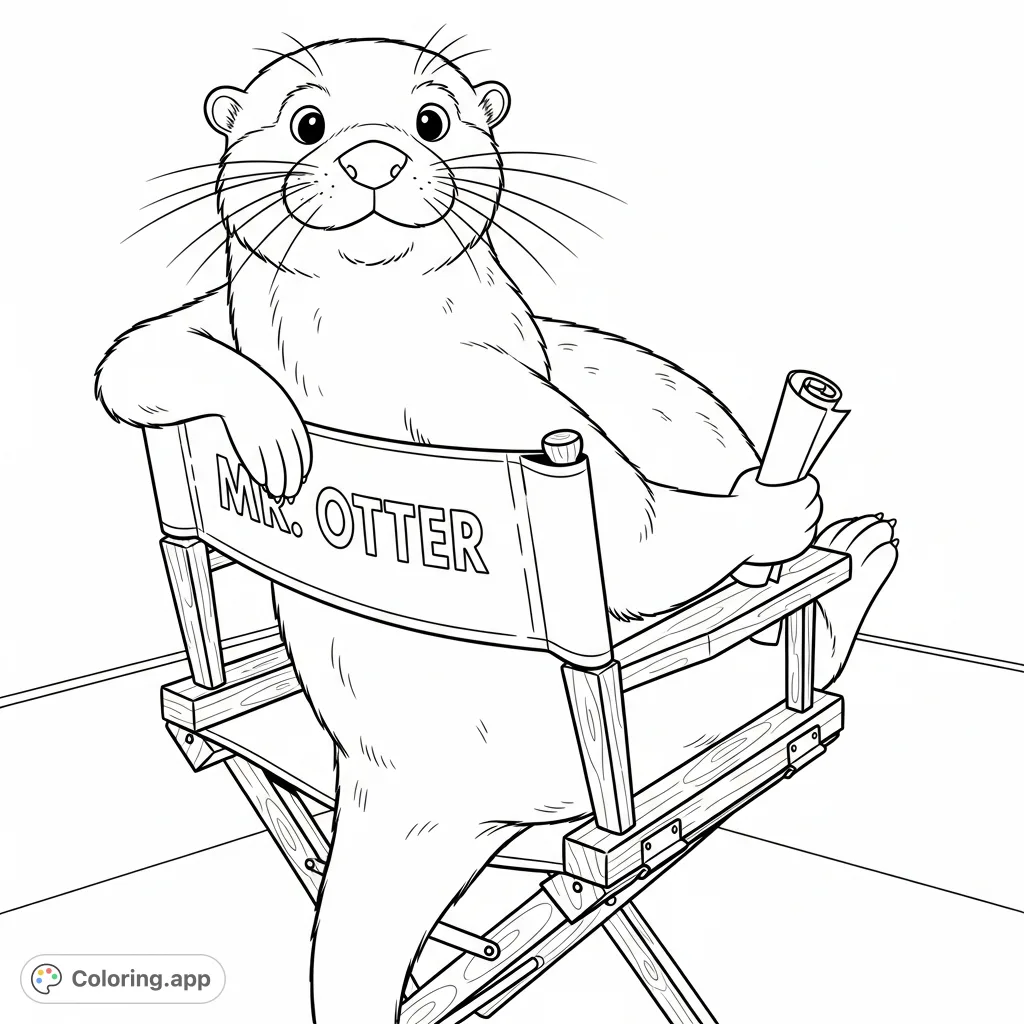 Mr. Otter, the charming director, sits confidently in his chair from an over-the-shoulder view, a script in paw. A delightful animal coloring page.