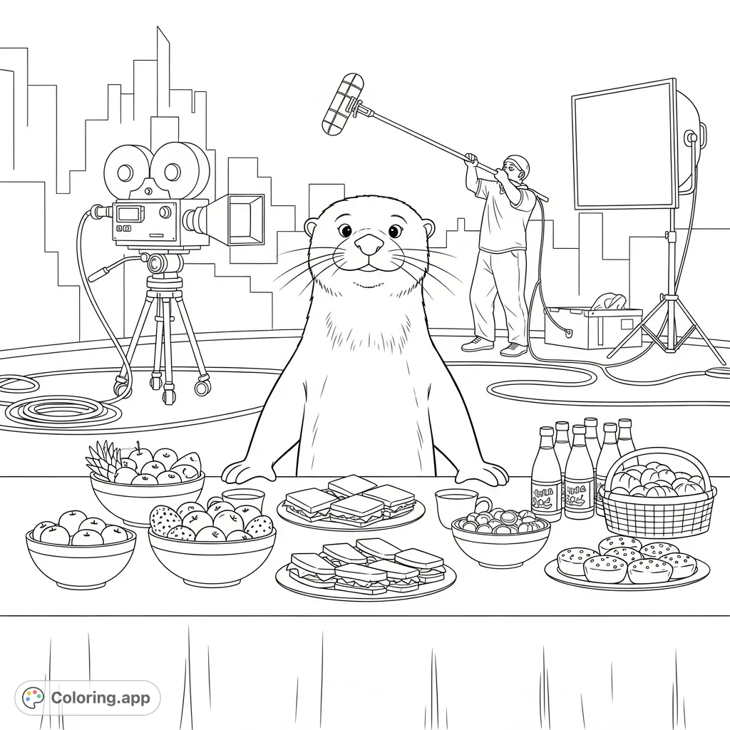 Meet Mr. Otter, the craft services man, surrounded by delicious snacks on a busy film set. A delightful, detailed scene for coloring enthusiasts.