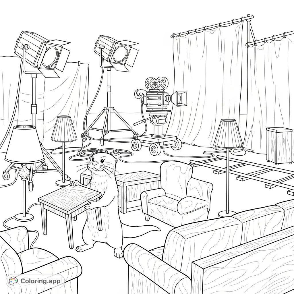 Join Mr. Otter, the diligent swing gang member, as he arranges furniture on a lively film set. A charming, detailed film set coloring page for all ages.