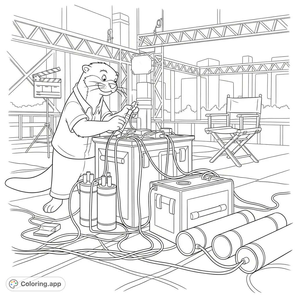 Join Mr. Otter on a dynamic movie set as he meticulously prepares pyrotechnics for an exciting on-screen explosion. A detailed scene for creative colorists!