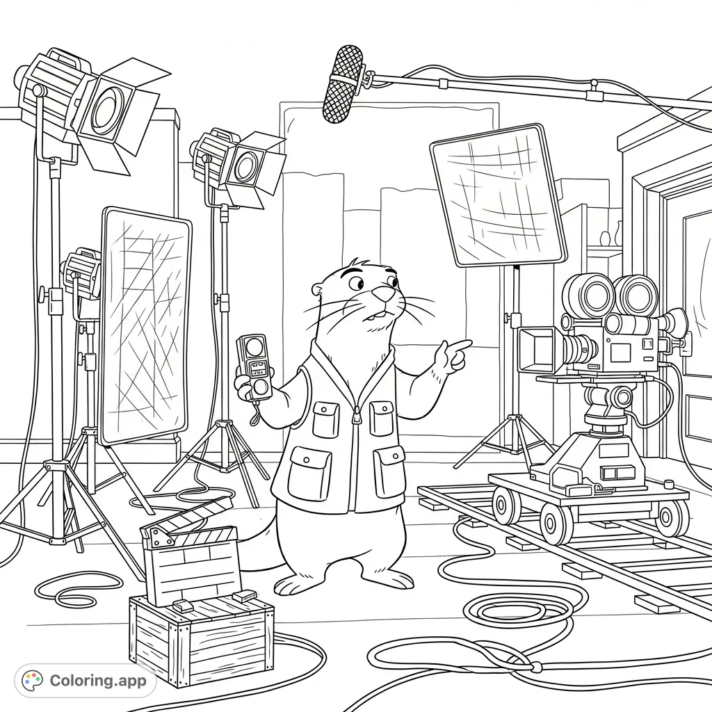 Join Mr. Otter, the director of photography, as he meticulously examines lighting on a bustling movie set, surrounded by detailed film equipment.