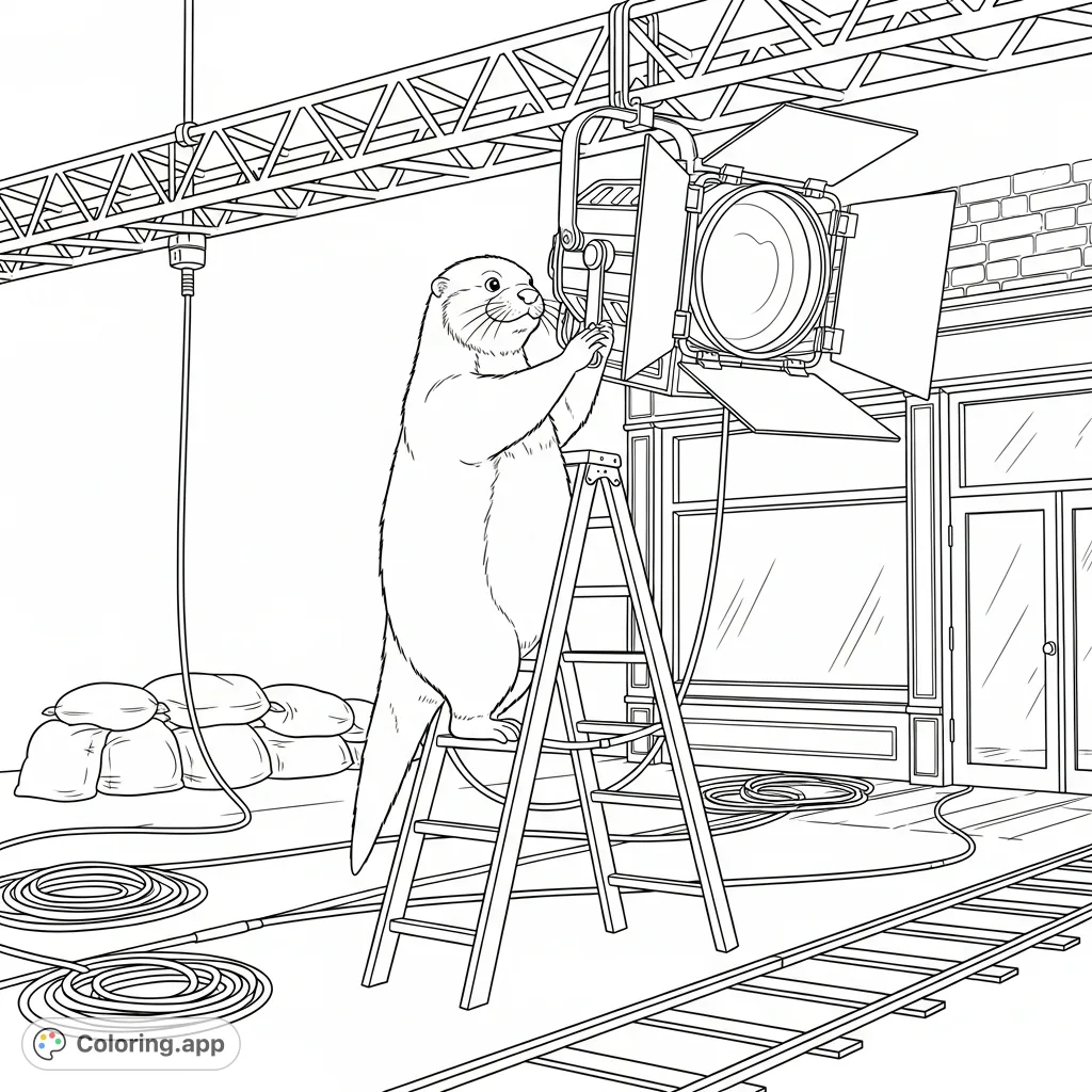 Mr. Otter hangs Fresnel lights on a bustling movie set, surrounded by production equipment and a partially built scene, ready for creative coloring.