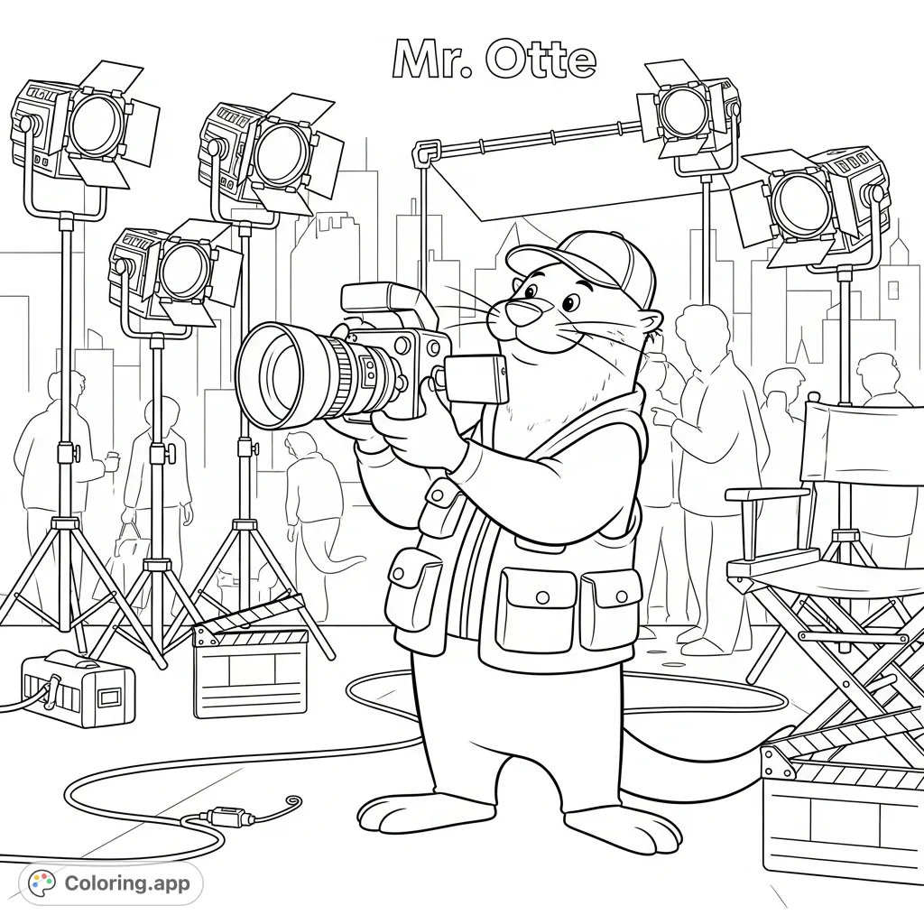 Join Mr. Otter behind the scenes on a bustling movie set! Capture the magic of filmmaking with this detailed, free printable coloring page.