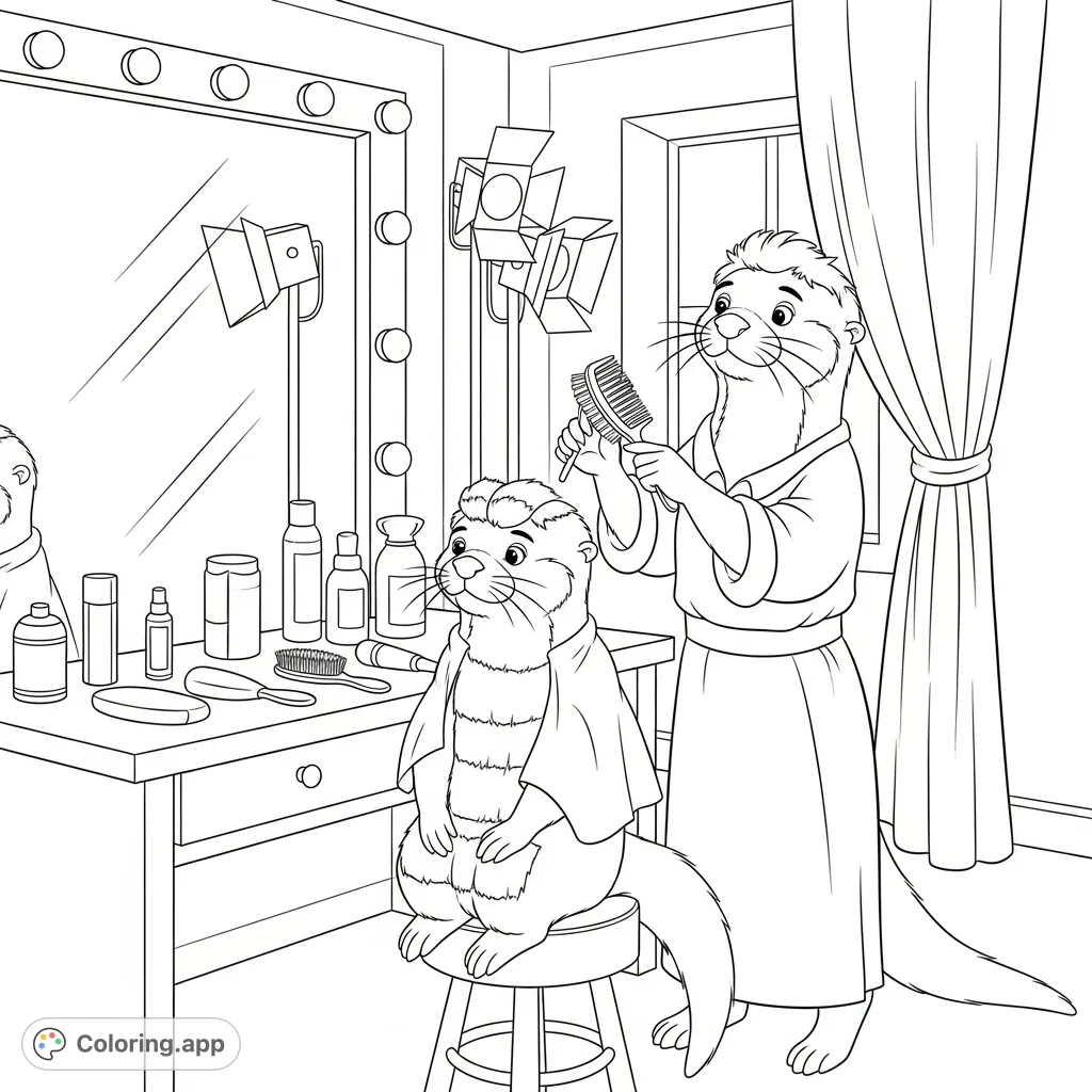 Join Mrs. Otter as she expertly styles another otter's fur in a charming backstage setting, complete with vanity and styling tools. A delightful animal coloring page for all ages!