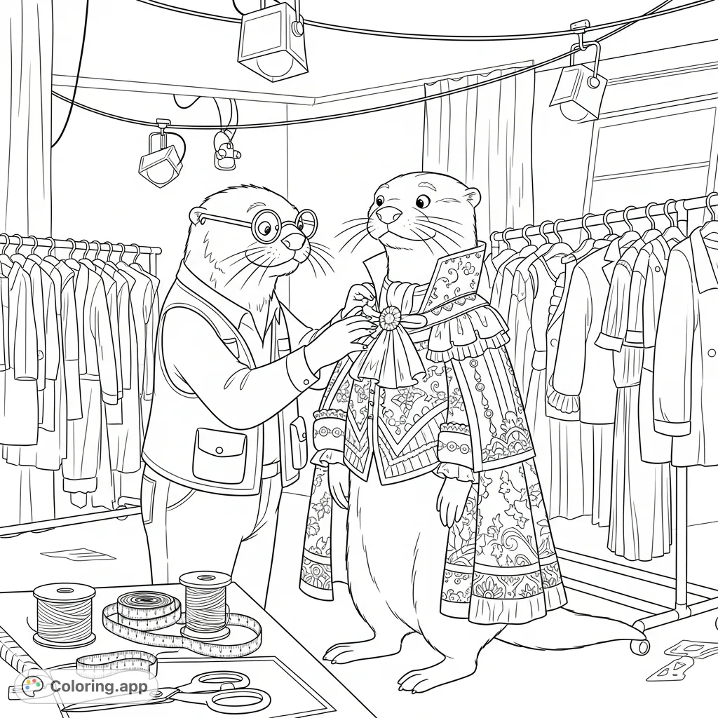 A charming scene of Mr. Otter, an onset costumer, meticulously adjusting another otter's elaborate costume on a busy film set. Perfect for all ages.