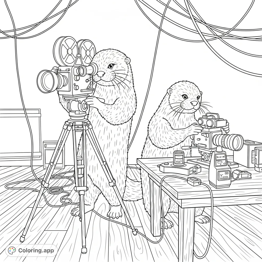 Join a diligent otter cinematographer and assistant on a busy film set! This charming free printable features vintage cameras, intricate details, and wires.