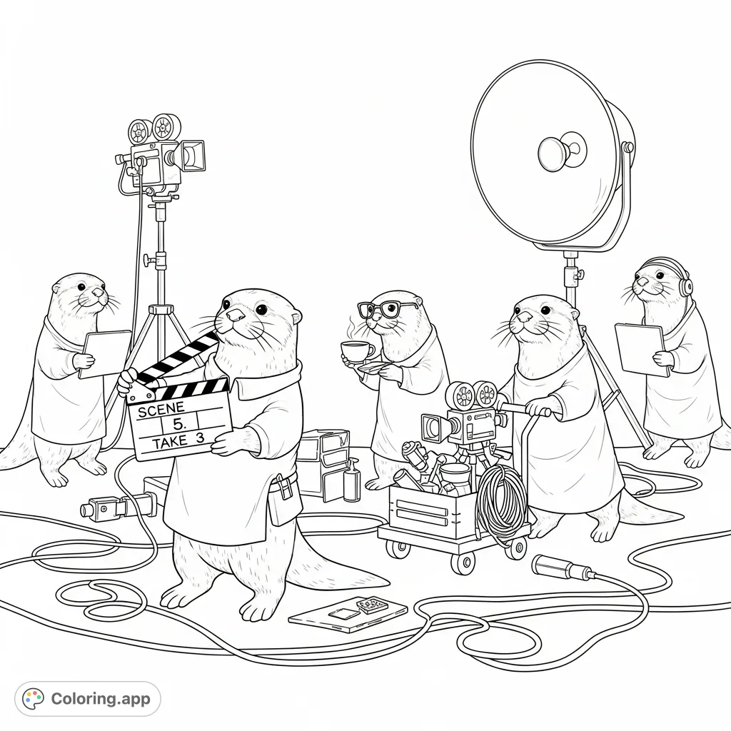 Dive into the playful chaos of a film set starring busy otters! Featuring a clapperboard, props, and cables, this scene brings movie magic to life.