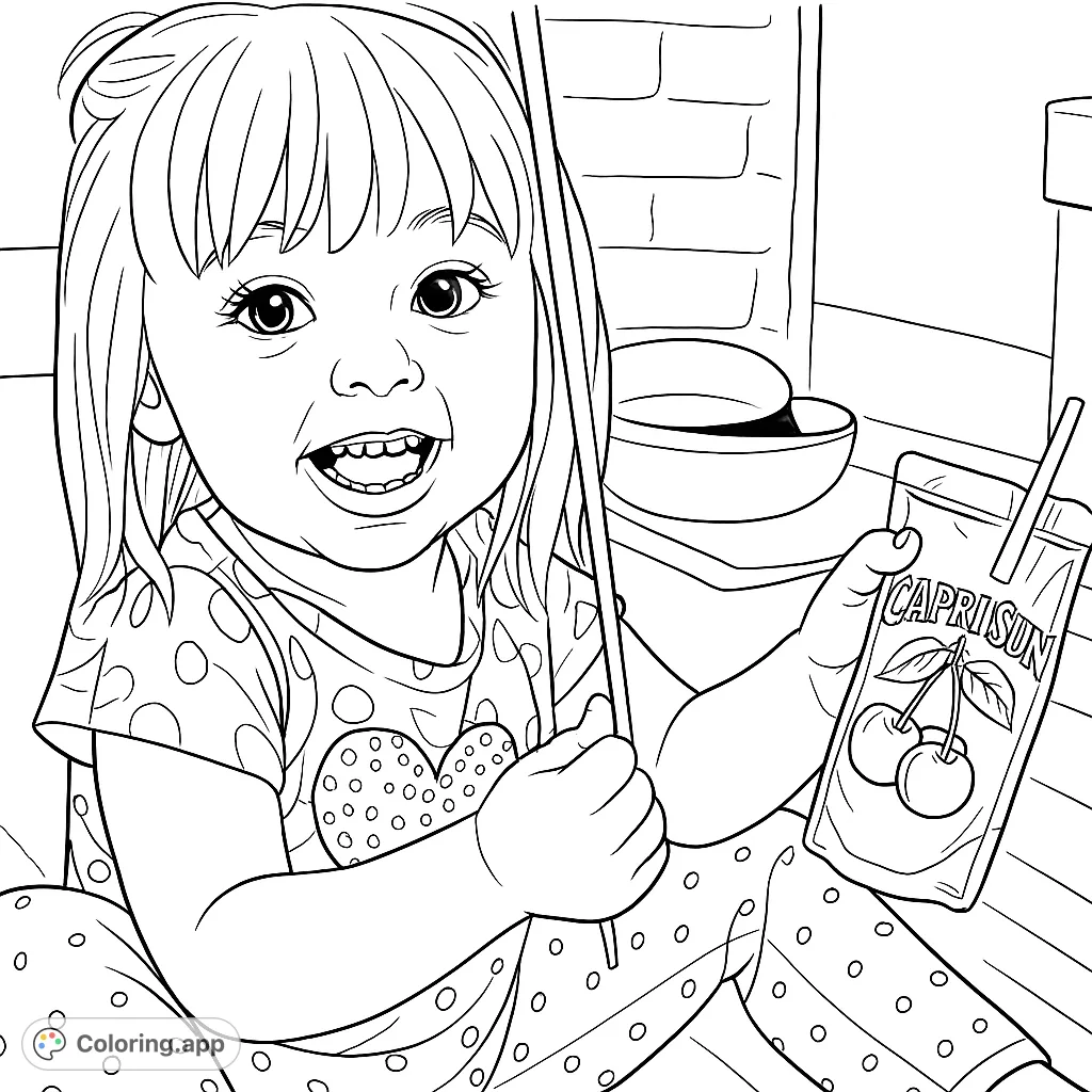 A delightful child smiles while holding a drink pouch and a stick. This charming coloring page is perfect for capturing happy, everyday moments.