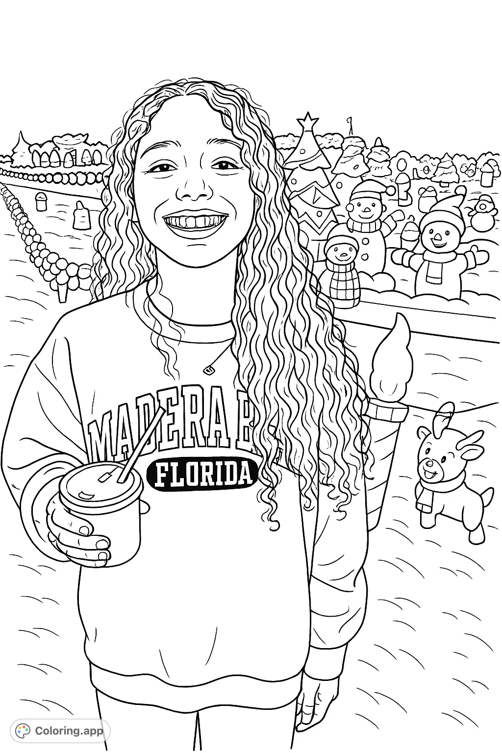 Capture the joy of a festive outdoor light display! A smiling person holds a drink amidst charming illuminated figures, perfect for holiday coloring.