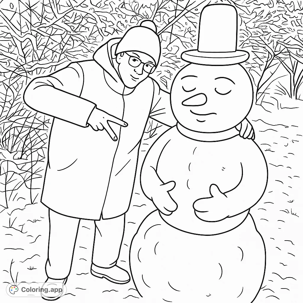 A cheerful person poses with a friendly snowman wearing a top hat, surrounded by a winter wonderland. Perfect for a cozy coloring session.