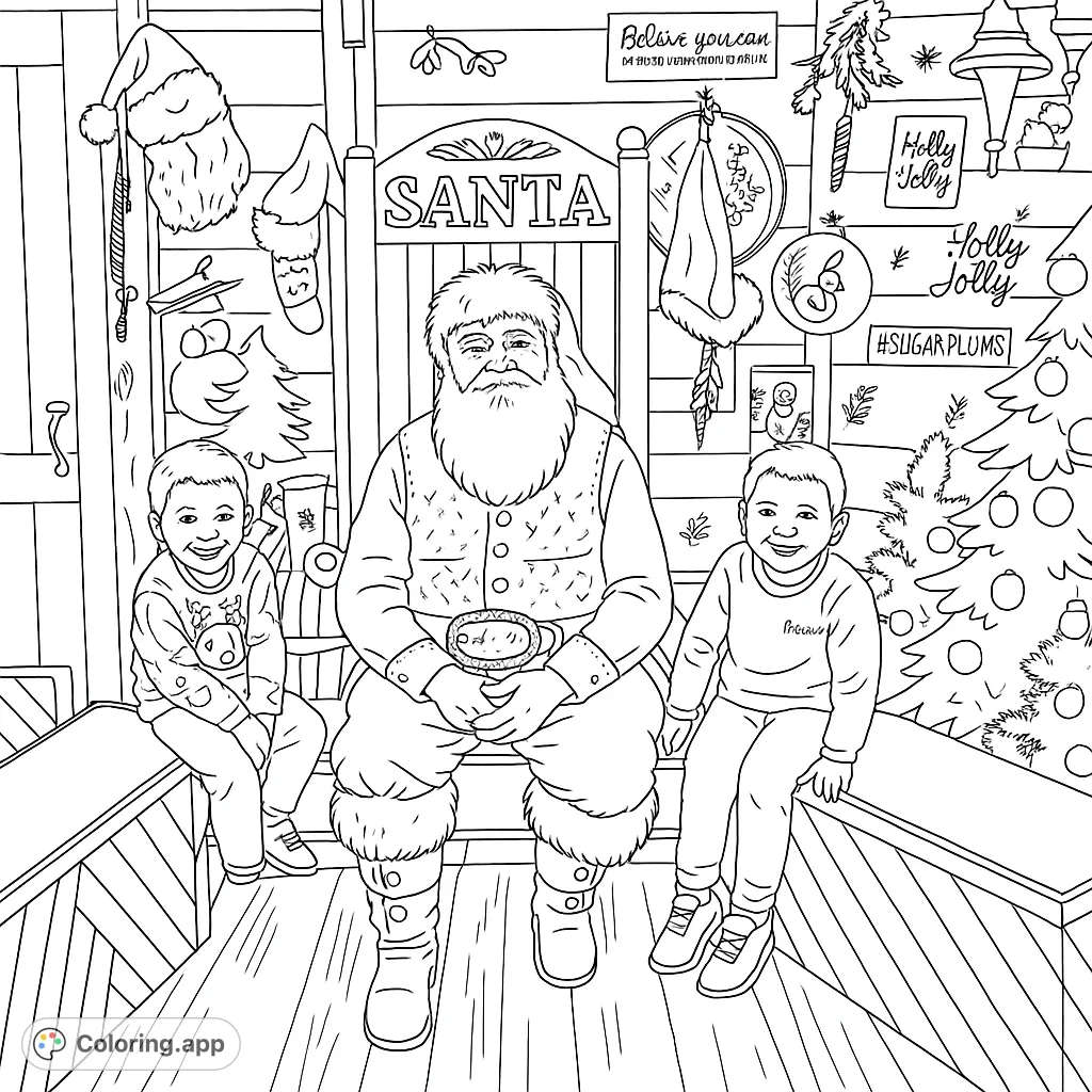 A heartwarming holiday coloring page featuring Santa Claus with two joyful children, surrounded by festive decorations and a beautifully adorned Christmas tree.