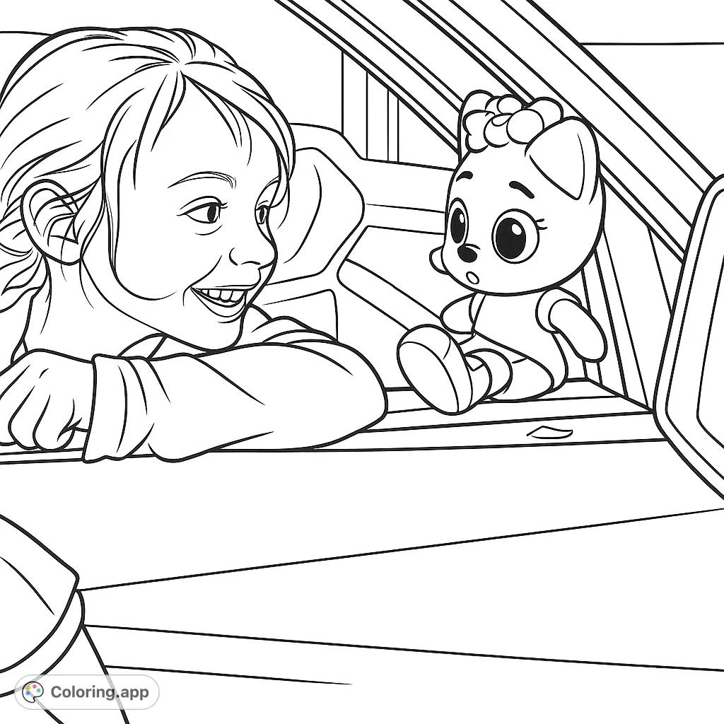 A delightful coloring page featuring a smiling child leaning from a car window, interacting with a charming plush toy inside. Perfect for young adventurers.