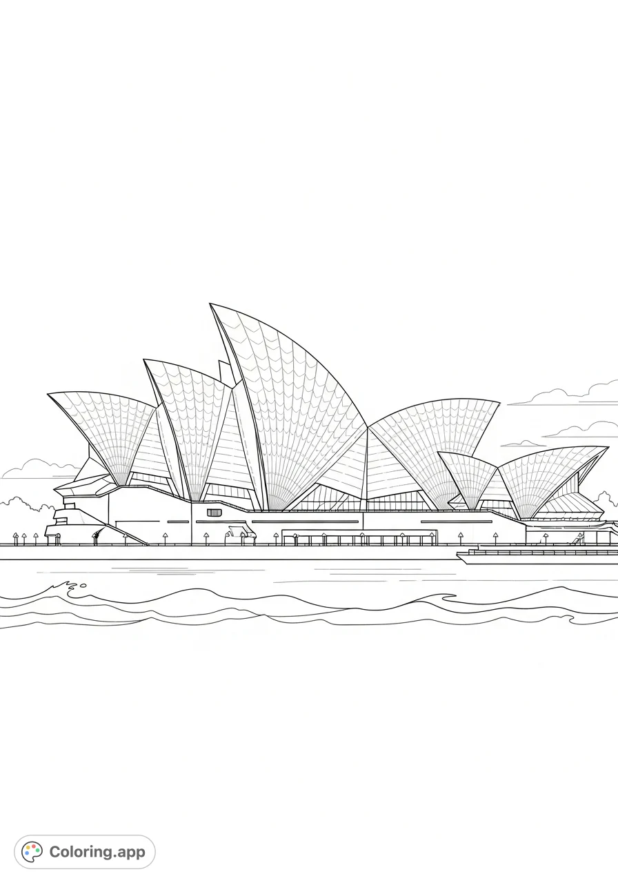 Explore the architectural marvel of the Sydney Opera House with this detailed coloring page, featuring its iconic sails and a serene harbor backdrop.