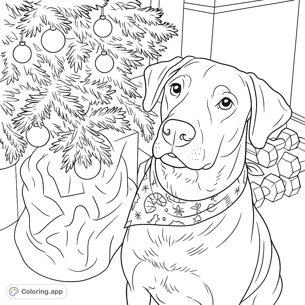 A charming dog sits patiently next to a decorated Christmas tree, wearing a festive bandana. Perfect for holiday spirit and dog lovers.