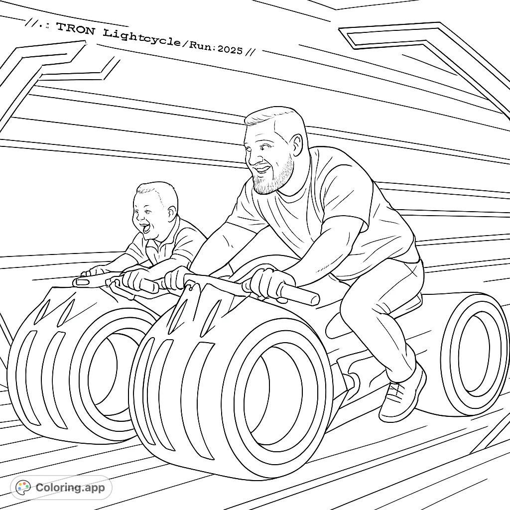 Experience a high-speed adventure on futuristic lightcycles! This dynamic coloring page features two riders in a glowing digital world, perfect for sci-fi fans.