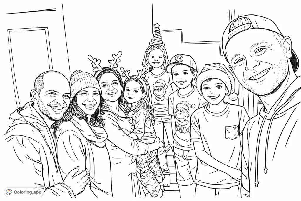 Capture joyous family moments! This holiday-themed coloring page features a happy group of adults and children with festive accessories and detailed clothing.