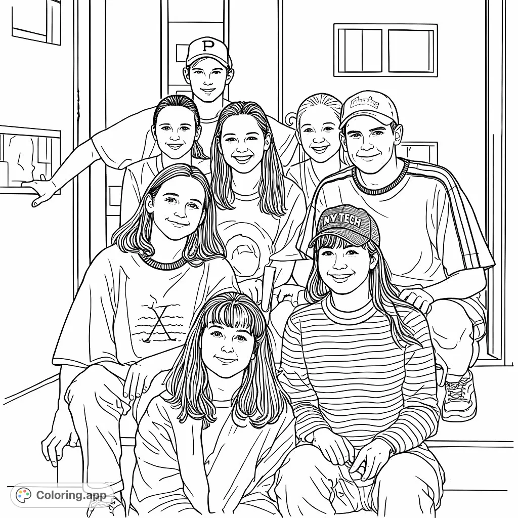 Capture the joy of friendship with this detailed group portrait coloring page featuring smiling young adults. Perfect for personalizing expressions and attire.
