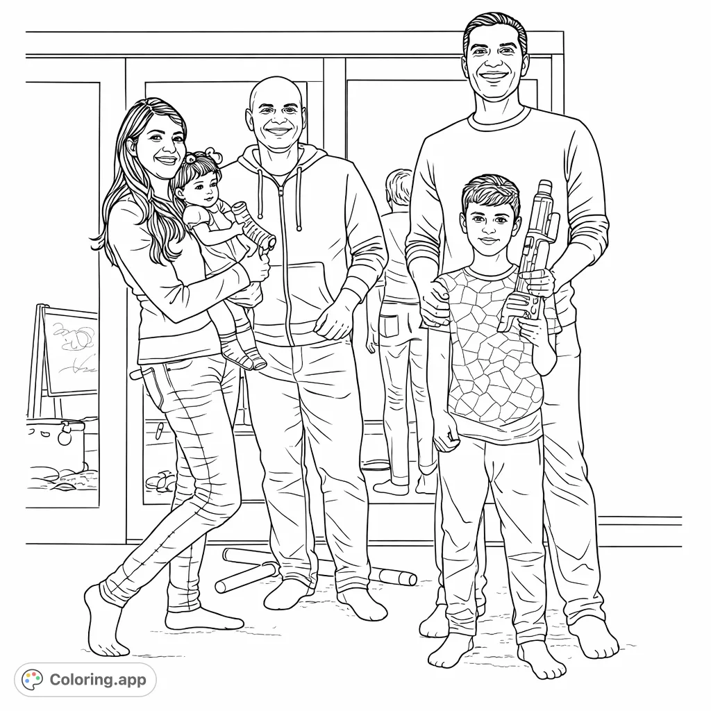 A joyful family of four, including two adults and two children, poses together. One child holds a toy, adding a playful touch. Perfect for family coloring page fun!