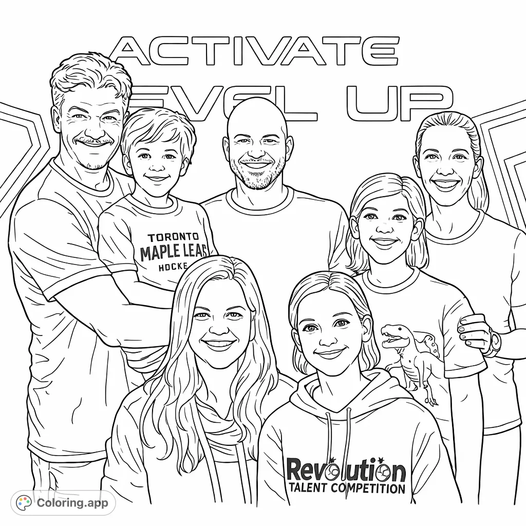A joyful group portrait featuring smiling adults and children, set against a dynamic geometric background. Perfect for family coloring fun.