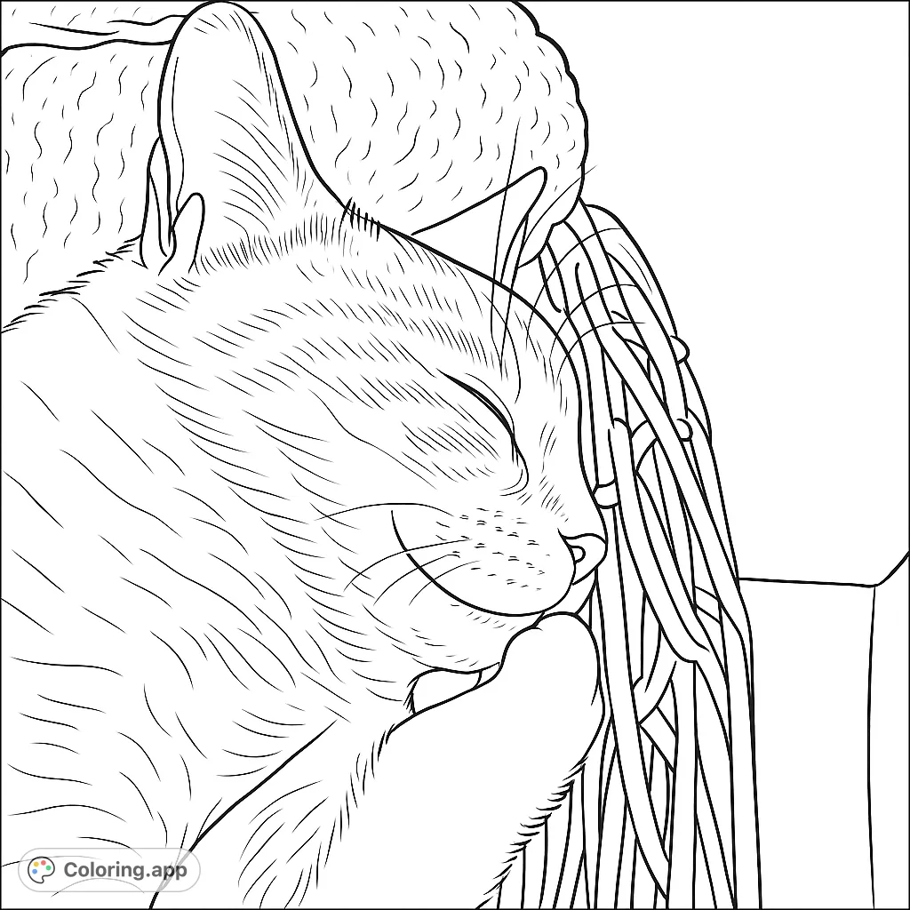 A heartwarming image of a cat deeply asleep, snuggled against a textured basket. Perfect for a calming coloring experience for all ages.