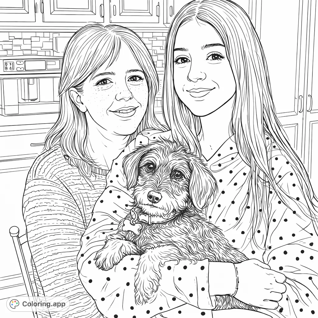 Capture a heartwarming scene of a family pair and their beloved pet dog in a cozy kitchen setting. Perfect for all ages to enjoy coloring.