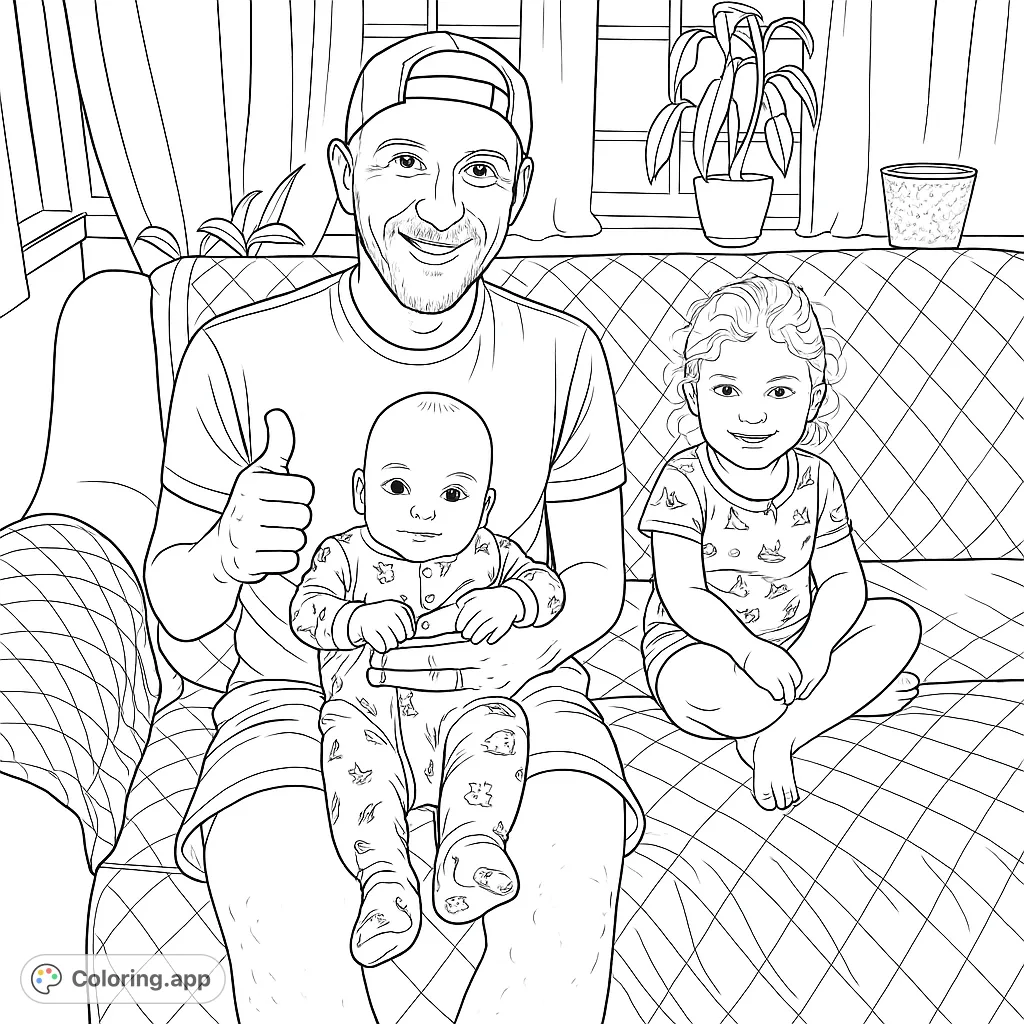 Capture a heartwarming family moment featuring a father with his baby and young child on a sofa, set against a cozy indoor backdrop.
