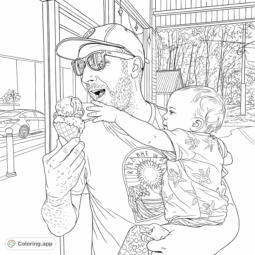 Capture a heartwarming moment of a man and baby sharing an ice cream adventure, perfect for family-themed coloring.
