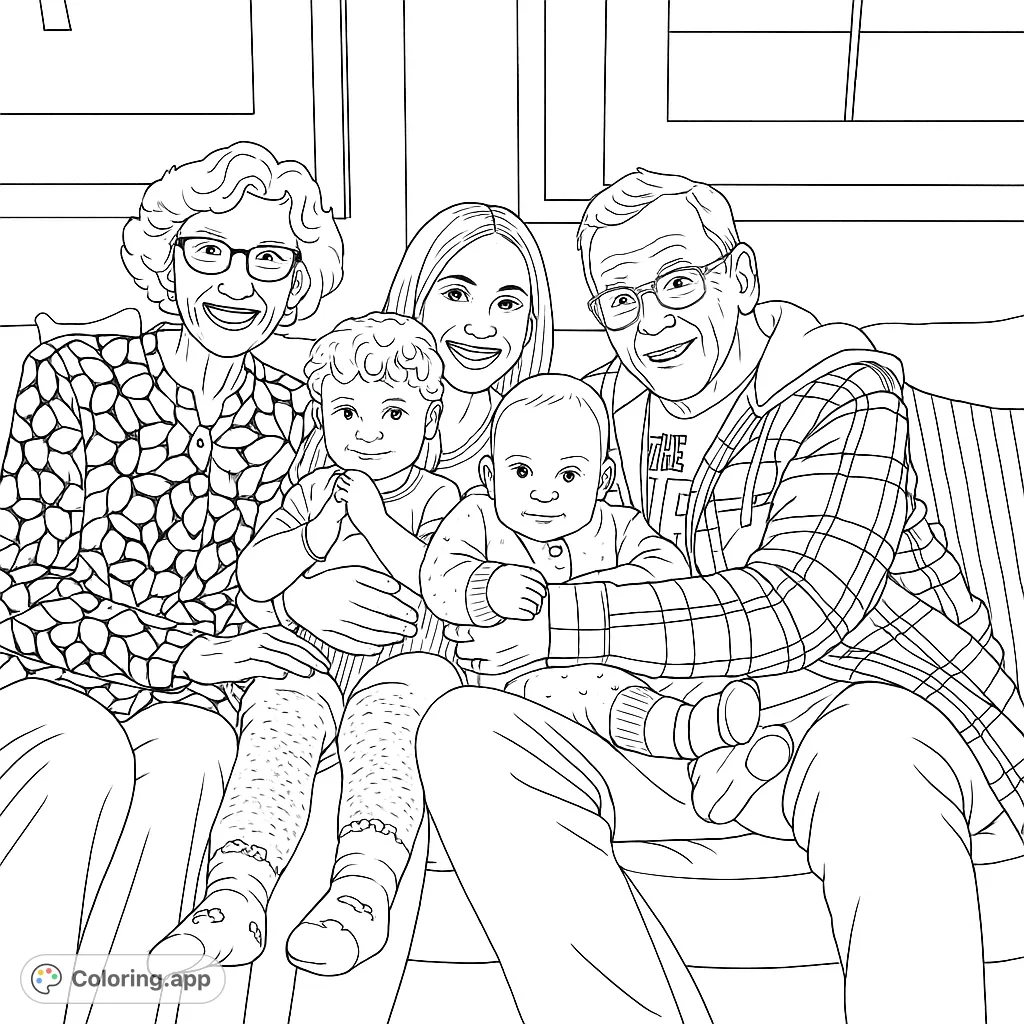 A heartwarming family gathering coloring page, featuring five smiling individuals across multiple generations on a sofa. Perfect for celebrating family bonds.