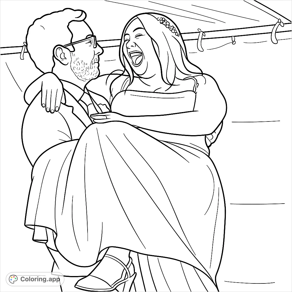 Capture a moment of pure joy with this wedding embrace coloring page. A couple laughs and smiles, celebrating their special day under a festive canopy.