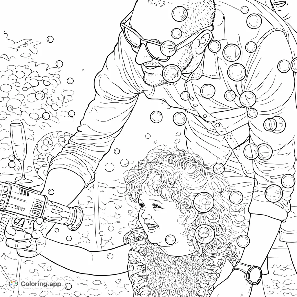 A delightful scene of a parent and child enjoying a sunny day, creating countless bubbles. Perfect for capturing joyous family moments with fun shapes to color.