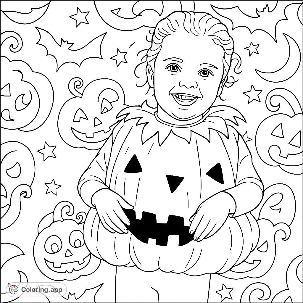 A cheerful child in a festive pumpkin costume, ready for Halloween fun. Features jack-o'-lanterns and stars on a spooky background.