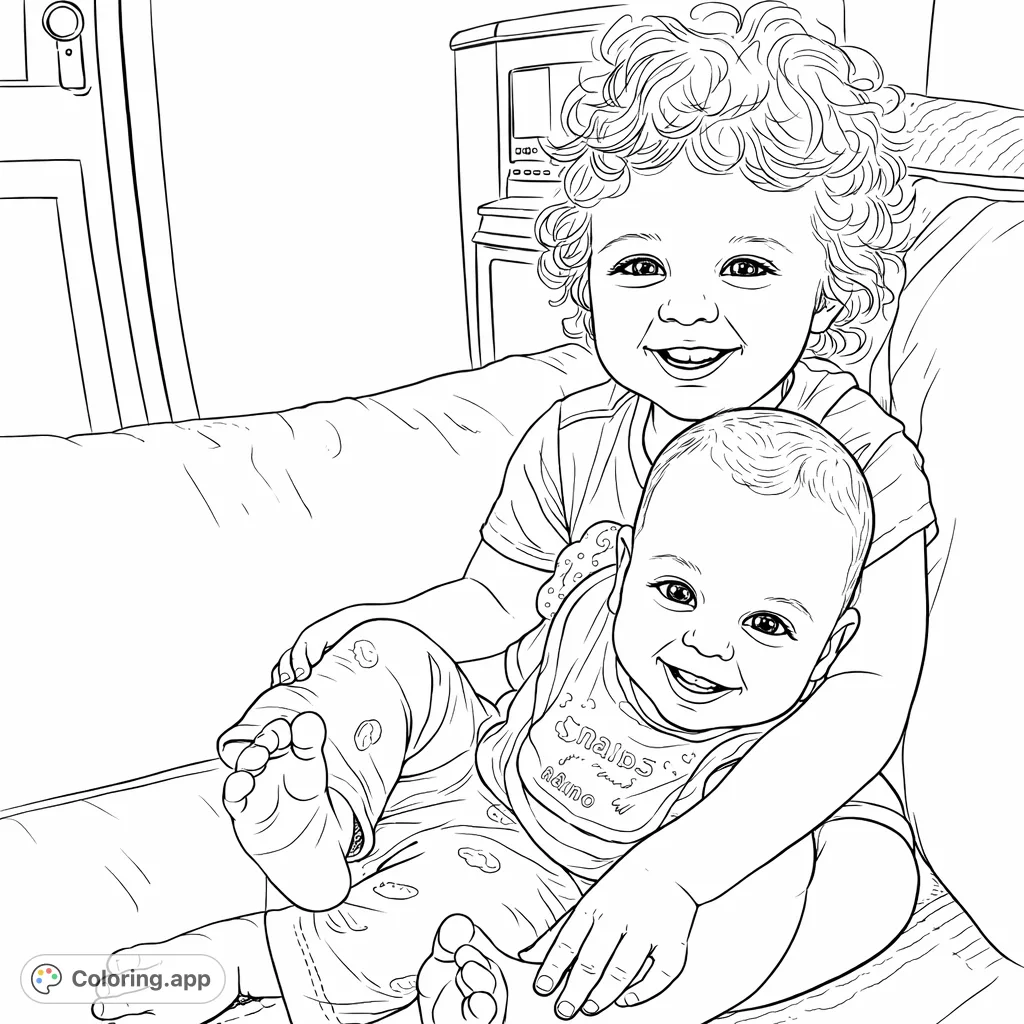 Capture the heartwarming bond of two smiling siblings embracing. This charming coloring page features a toddler gently holding a baby, perfect for expressing love and joy.