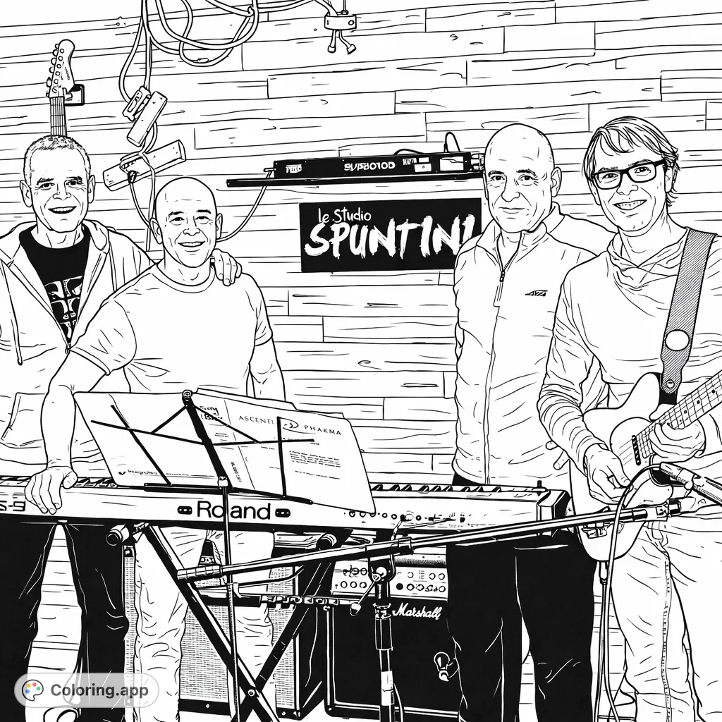 Gather with a lively band for a musical coloring page. Four musicians pose with their instruments in a studio setting, ready to be brought to life with your creative touch.