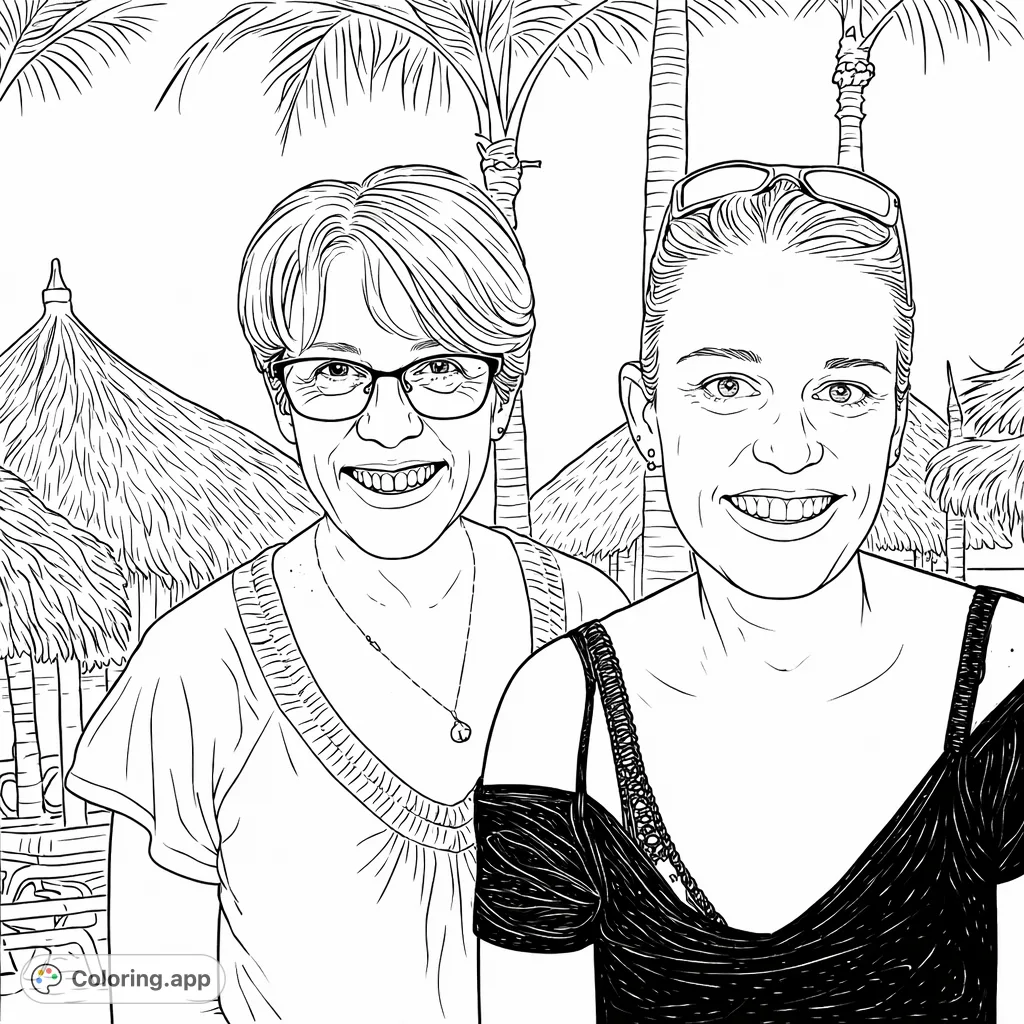 Two smiling women in a tropical setting with palm trees and beach umbrellas. A delightful scene perfect for personalizing with your favorite colors.
