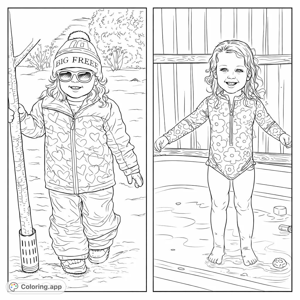 A cheerful child enjoying both winter snow and summer pool play. Two delightful scenes for creative coloring.