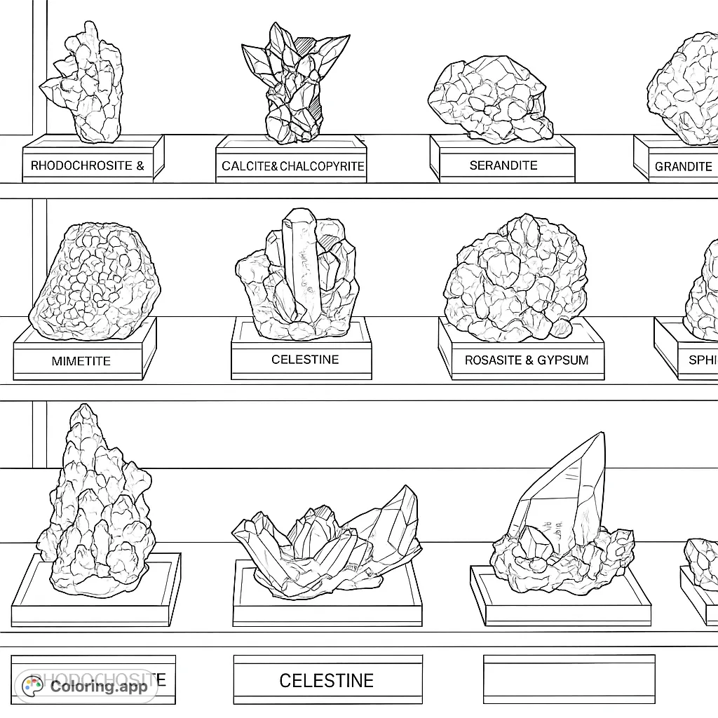 Explore an intricate collection of diverse mineral formations on display. This geology coloring page offers a fascinating journey through Earth's natural wonders.